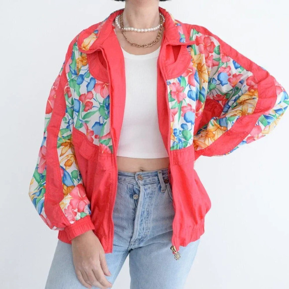 Vintage Lavon 90's 'Neon Coral & Floral Nylon Zip Up  Windbreaker Jacket L - Picture 2 of 11